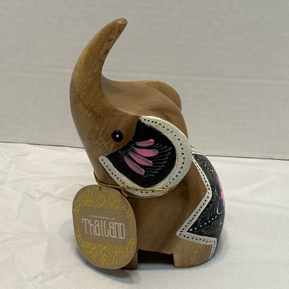 Hand Carved Wood Elephant: Thai Folk Art Lotus Sculpture